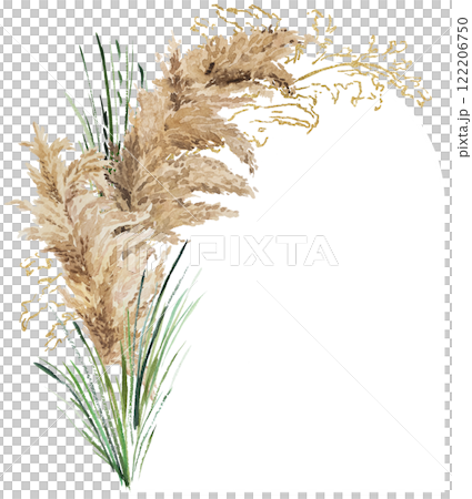 Frame with watercolor beige, green and golden pampas grass, Boho Wedding isolated illustration 122206750