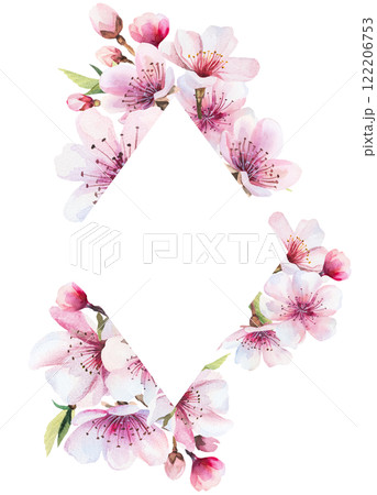 Geometric frame with watercolor pink cherry flowers and buds, wedding sakura isolated illustration Geometric frame with watercolor pink cherry flowers and buds, wedding sakura isolated illustration 122206753