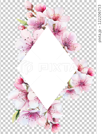 Geometric frame with watercolor pink cherry flowers and buds, wedding sakura isolated illustration Geometric frame with watercolor pink cherry flowers and buds, wedding sakura isolated illustration 122206753