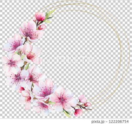 Frame with watercolor pink cherry flowers and green leaves, wedding sakura isolated illustration Frame with watercolor pink cherry flowers and green leaves, wedding sakura isolated illustration 122206754