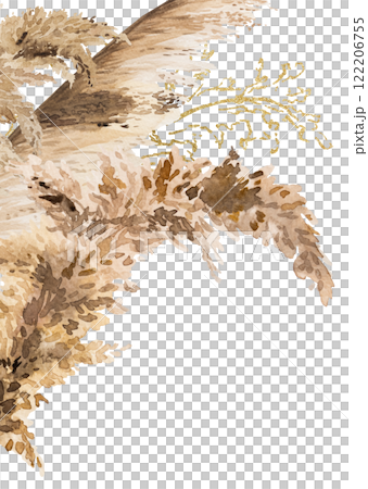 Border with watercolor beige, green and golden pampas grass, Boho Wedding isolated illustration Border with watercolor beige, green and golden pampas grass, Boho Wedding isolated illustration 122206755