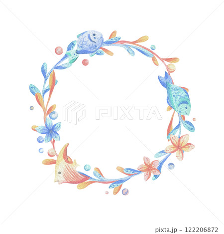 Sea corals, algae, flowers, fish, bubbles. Watercolor illustration hand drawn in coral, turquoise and blue colors. Round frame wreath isolated from the background. Sea corals, algae, flowers, fish, bubbles. Watercolor illustration hand drawn in coral, turquoise and blue colors. Round frame wreath isolated from the background. 122206872