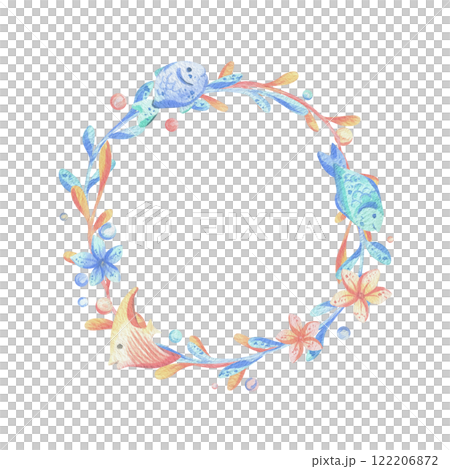 Sea corals, algae, flowers, fish, bubbles. Watercolor illustration hand drawn in coral, turquoise and blue colors. Round frame wreath isolated from the background. Sea corals, algae, flowers, fish, bubbles. Watercolor illustration hand drawn in coral, turquoise and blue colors. Round frame wreath isolated from the background. 122206872