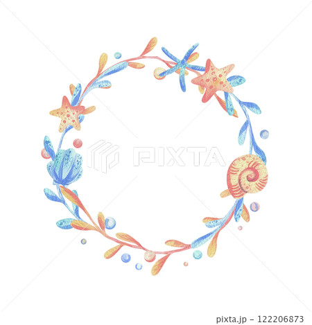 Sea corals, algae, shells, starfish, bubbles. Watercolor illustration hand drawn in coral, turquoise and blue colors. Round frame wreath isolated from background Sea corals, algae, shells, starfish, bubbles. Watercolor illustration hand drawn in coral, turquoise and blue colors. Round frame wreath isolated from background 122206873