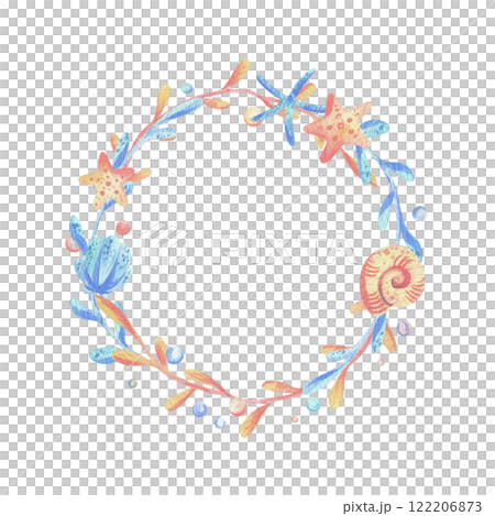 Sea corals, algae, shells, starfish, bubbles. Watercolor illustration hand drawn in coral, turquoise and blue colors. Round frame wreath isolated from background Sea corals, algae, shells, starfish, bubbles. Watercolor illustration hand drawn in coral, turquoise and blue colors. Round frame wreath isolated from background 122206873