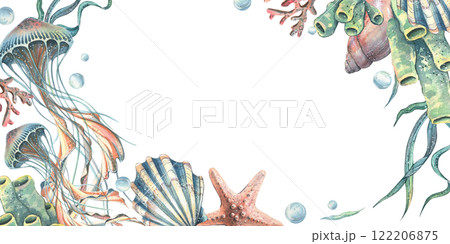 Jellyfish, corals, sea sponges, algae, shells, starfish and bubbles. Hand drawn watercolor illustration on the theme of sea animals and the underwater world. Horizontal rectangular frame, template Jellyfish, corals, sea sponges, algae, shells, starfish and bubbles. Hand drawn watercolor illustration on the theme of sea animals and the underwater world. Horizontal rectangular frame, template 122206875