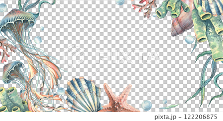 Jellyfish, corals, sea sponges, algae, shells, starfish and bubbles. Hand drawn watercolor illustration on the theme of sea animals and the underwater world. Horizontal rectangular frame, template Jellyfish, corals, sea sponges, algae, shells, starfish and bubbles. Hand drawn watercolor illustration on the theme of sea animals and the underwater world. Horizontal rectangular frame, template 122206875