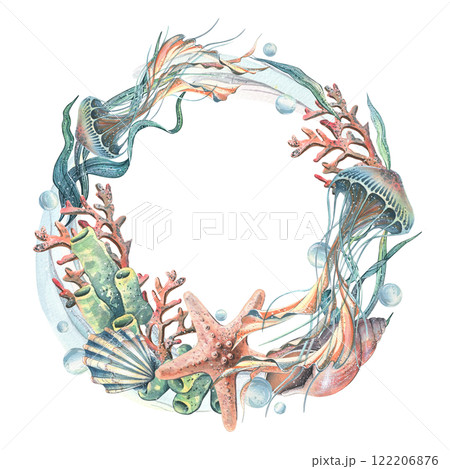 Jellyfish, corals, sea sponges, algae, shells, starfish and bubbles. Hand drawn watercolor illustration on the theme of sea animals and the underwater world. Round wreath, frame, template for text. Jellyfish, corals, sea sponges, algae, shells, starfish and bubbles. Hand drawn watercolor illustration on the theme of sea animals and the underwater world. Round wreath, frame, template for text. 122206876