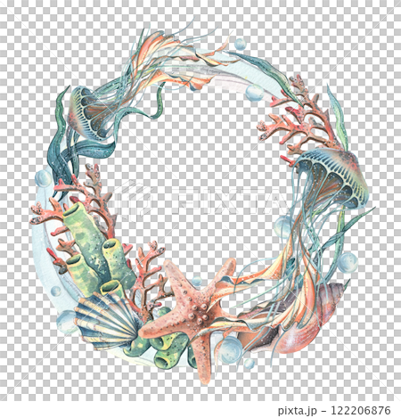 Jellyfish, corals, sea sponges, algae, shells, starfish and bubbles. Hand drawn watercolor illustration on the theme of sea animals and the underwater world. Round wreath, frame, template for text. Jellyfish, corals, sea sponges, algae, shells, starfish and bubbles. Hand drawn watercolor illustration on the theme of sea animals and the underwater world. Round wreath, frame, template for text. 122206876