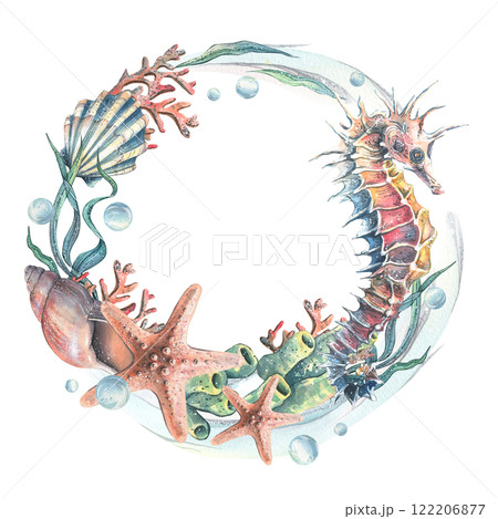 Seahorse, corals, sea sponges, seaweed, shells, starfish and bubbles. Hand drawn watercolor illustration on the theme of sea animals and the underwater world. Round wreath, frame, template for text. Seahorse, corals, sea sponges, seaweed, shells, starfish and bubbles. Hand drawn watercolor illustration on the theme of sea animals and the underwater world. Round wreath, frame, template for text. 122206877