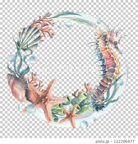 Seahorse, corals, sea sponges, seaweed, shells, starfish and bubbles. Hand drawn watercolor illustration on the theme of sea animals and the underwater world. Round wreath, frame, template for text. Seahorse, corals, sea sponges, seaweed, shells, starfish and bubbles. Hand drawn watercolor illustration on the theme of sea animals and the underwater world. Round wreath, frame, template for text. 122206877