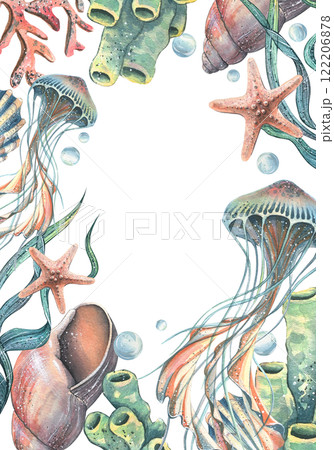 Jellyfish, corals, sea sponges, algae, shells, starfish and bubbles. Hand drawn watercolor illustration on the theme of sea animals and the underwater world. Vertical rectangular frame, template Jellyfish, corals, sea sponges, algae, shells, starfish and bubbles. Hand drawn watercolor illustration on the theme of sea animals and the underwater world. Vertical rectangular frame, template 122206878