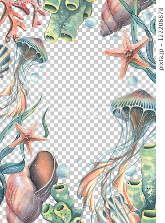 Jellyfish, corals, sea sponges, algae, shells, starfish and bubbles. Hand drawn watercolor illustration on the theme of sea animals and the underwater world. Vertical rectangular frame, template Jellyfish, corals, sea sponges, algae, shells, starfish and bubbles. Hand drawn watercolor illustration on the theme of sea animals and the underwater world. Vertical rectangular frame, template 122206878