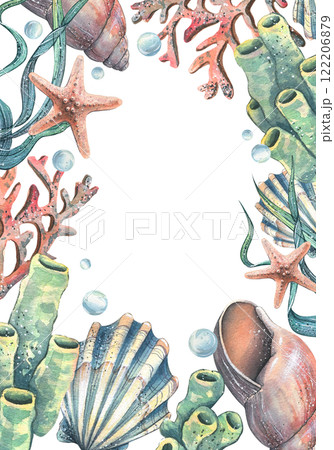 Corals, sea sponges, seaweed, shells, starfish and bubbles. Hand drawn watercolor illustration on the theme of sea animals and the underwater world. Vertical rectangular frame, template for text. 122206879