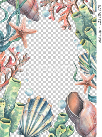 Corals, sea sponges, seaweed, shells, starfish and bubbles. Hand drawn watercolor illustration on the theme of sea animals and the underwater world. Vertical rectangular frame, template for text. 122206879