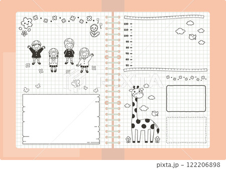 キッズと動物が彩る!手描き風ノートデザインテンプレート キッズと動物が彩る!手描き風ノートデザインテンプレート 122206898
