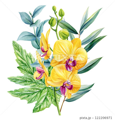 Yellow flower. Tropical summer flowers painted watercolor, isolated exotic jungle bouquet. Vibrant Watercolor Bouquet Yellow flower. Tropical summer flowers painted watercolor, isolated exotic jungle bouquet. Vibrant Watercolor Bouquet 122206971