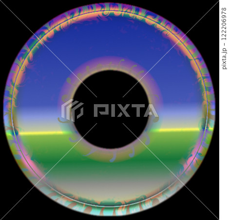 Round icon with a landscape image on a black background. A disk with an image of the sky, earth and horizon line. 122206978