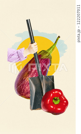 Vibrant collage of hand holding shovel with large eggplant and bell pepper elements against circular backdrop, symbolizing farming and cultivation. 122207011
