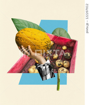 Conceptual collage. Hand holding yellow melon above potatoes, complemented by green leaves and red crate, symbolizing harvest and nature. 122207012