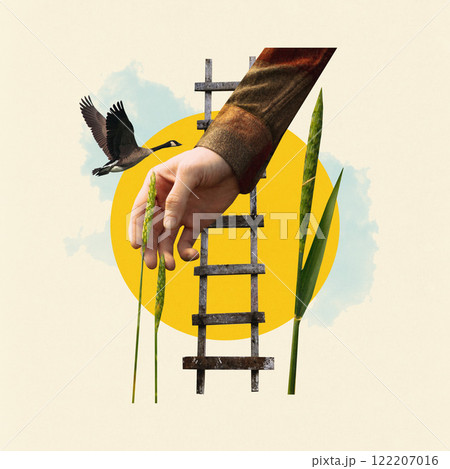 Artistic collage. Hand holding wheat stalks, ladder, and flying goose against bright yellow circular backdrop. Surreal composition Artistic collage. Hand holding wheat stalks, ladder, and flying goose against bright yellow circular backdrop. Surreal composition 122207016