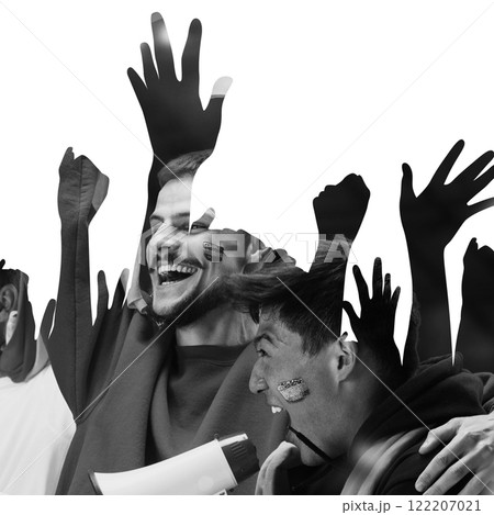 Close-up of smiling fans celebrating with raised hands, complemented by abstract hand overlays, symbolizing joy and team support. Creative monochrome collage. Close-up of smiling fans celebrating with raised hands, complemented by abstract hand overlays, symbolizing joy and team support. Creative monochrome collage. 122207021