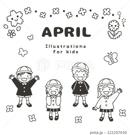 4月を楽しむ子供たち！春モチーフの手描きイラスト素材 122207030