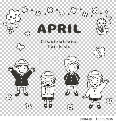 4月を楽しむ子供たち！春モチーフの手描きイラスト素材 122207030