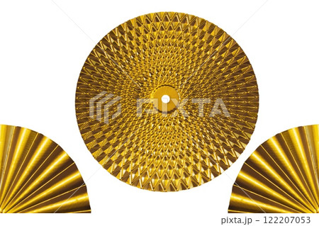 Modern wall decoration made of gold metal in the shape of a round plate. Decoration isolated on transparent or white background 122207053