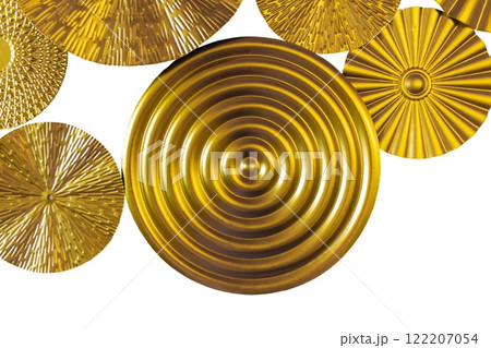 Modern wall decoration made of gold metal in the shape of a round plate. Decoration isolated on transparent or white background Modern wall decoration made of gold metal in the shape of a round plate. Decoration isolated on transparent or white background 122207054