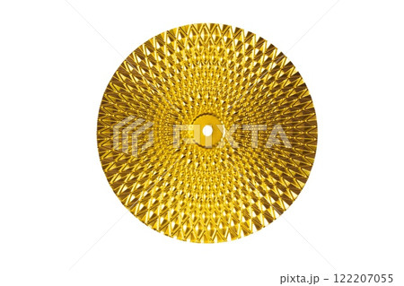 Modern wall decoration made of gold metal in the shape of a round plate. Decoration isolated on transparent or white background Modern wall decoration made of gold metal in the shape of a round plate. Decoration isolated on transparent or white background 122207055