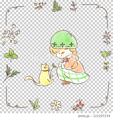 一個戴著貝雷帽和格子裙的女孩盯著她帶著花框的寵物貓 一個戴著貝雷帽和格子裙的女孩盯著她帶著花框的寵物貓 122207234