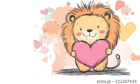 cute lion cartoon with heart for valentines day 122207420