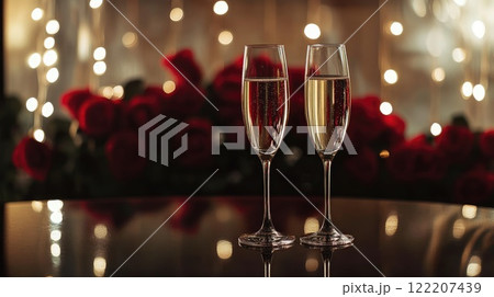 elegant champagne glasses and beautiful red roses 122207439