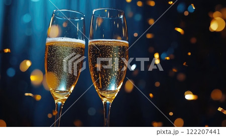 two champagne glasses on golden confetti background 122207441