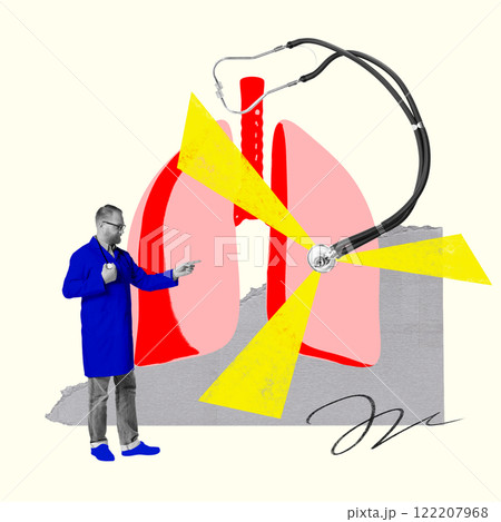 Doctor pointing at lungs with stethoscope overlay, representing respiratory diagnosis and lung care. Conceptual art design. Doctor pointing at lungs with stethoscope overlay, representing respiratory diagnosis and lung care. Conceptual art design. 122207968