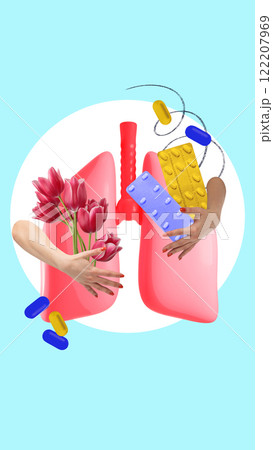 Creative representation of lungs surrounded by pills, flowers, and hands, symbolizing respiratory care with medicine and nature. Conceptual art design. Creative representation of lungs surrounded by pills, flowers, and hands, symbolizing respiratory care with medicine and nature. Conceptual art design. 122207969