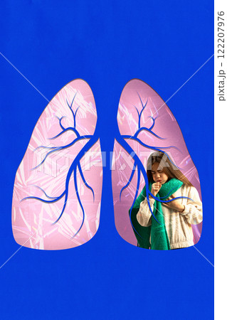 Woman in scarf coughing, overlaid with transparent lung diagram, symbolizing seasonal cold, flu, and respiratory illness. Conceptual art design. 122207976