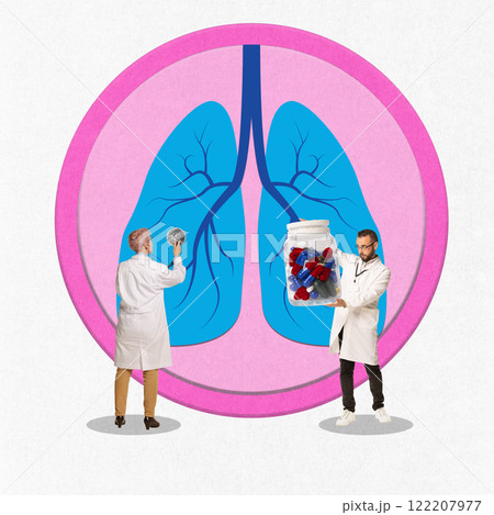 Two doctors analyzing lung diagram, one holding jar of pills, representing respiratory care and medical treatment. Conceptual art design. 122207977