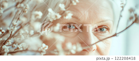 Elderly Woman with Blossoms Reflecting Wisdom and Beauty 122208418