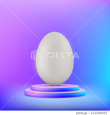 White chicken egg stands on a round podium. White chicken egg stands on a round podium. 122208501