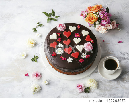Decadent chocolate cake adorned with fresh flowers and heart shaped decorations, perfect for celebrations Decadent chocolate cake adorned with fresh flowers and heart shaped decorations, perfect for celebrations 122208672
