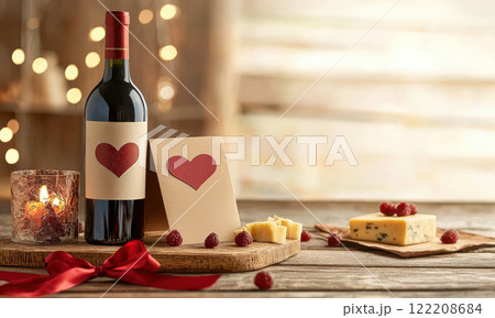romantic wine and cheese gift set with heart themed design, perfect for celebrations 122208684
