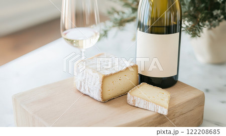 Creamy cheese and white wine on wooden board, perfect for pairing. Enjoy delightful tasting experience with this elegant setup Creamy cheese and white wine on wooden board, perfect for pairing. Enjoy delightful tasting experience with this elegant setup 122208685