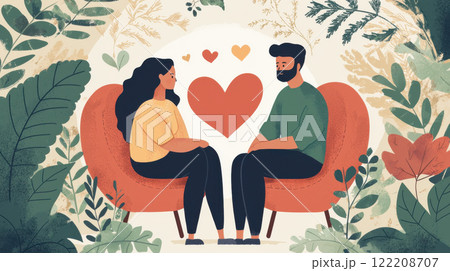 couple sitting together in cozy setting, surrounded by greenery, expressing love and connection couple sitting together in cozy setting, surrounded by greenery, expressing love and connection 122208707