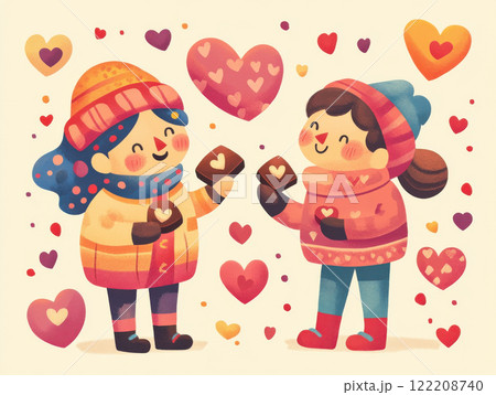 Two friends joyfully exchanging heart shaped chocolates in colorful scene filled with hearts. Their playful expressions enhance warm atmosphere Two friends joyfully exchanging heart shaped chocolates in colorful scene filled with hearts. Their playful expressions enhance warm atmosphere 122208740