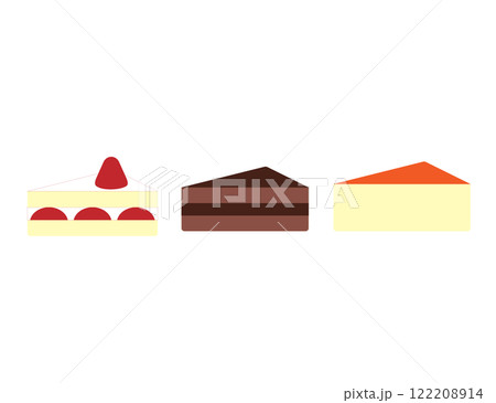 ケーキ(いちごのショートケーキ、チョコレートケーキ、チーズケーキ)のアイコンのイラストのセット ケーキ(いちごのショートケーキ、チョコレートケーキ、チーズケーキ)のアイコンのイラストのセット 122208914
