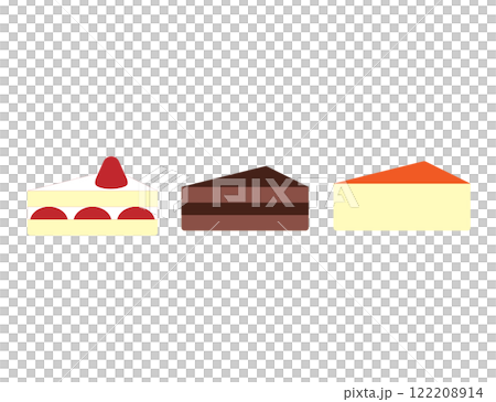 ケーキ(いちごのショートケーキ、チョコレートケーキ、チーズケーキ)のアイコンのイラストのセット ケーキ(いちごのショートケーキ、チョコレートケーキ、チーズケーキ)のアイコンのイラストのセット 122208914