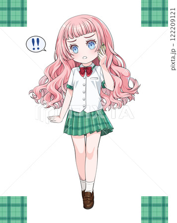 スマホで電話をかけるピンク髪のアニメ風少女/チェック柄のシームレステクスチャ付き スマホで電話をかけるピンク髪のアニメ風少女/チェック柄のシームレステクスチャ付き 122209121