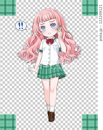スマホで電話をかけるピンク髪のアニメ風少女/チェック柄のシームレステクスチャ付き スマホで電話をかけるピンク髪のアニメ風少女/チェック柄のシームレステクスチャ付き 122209121